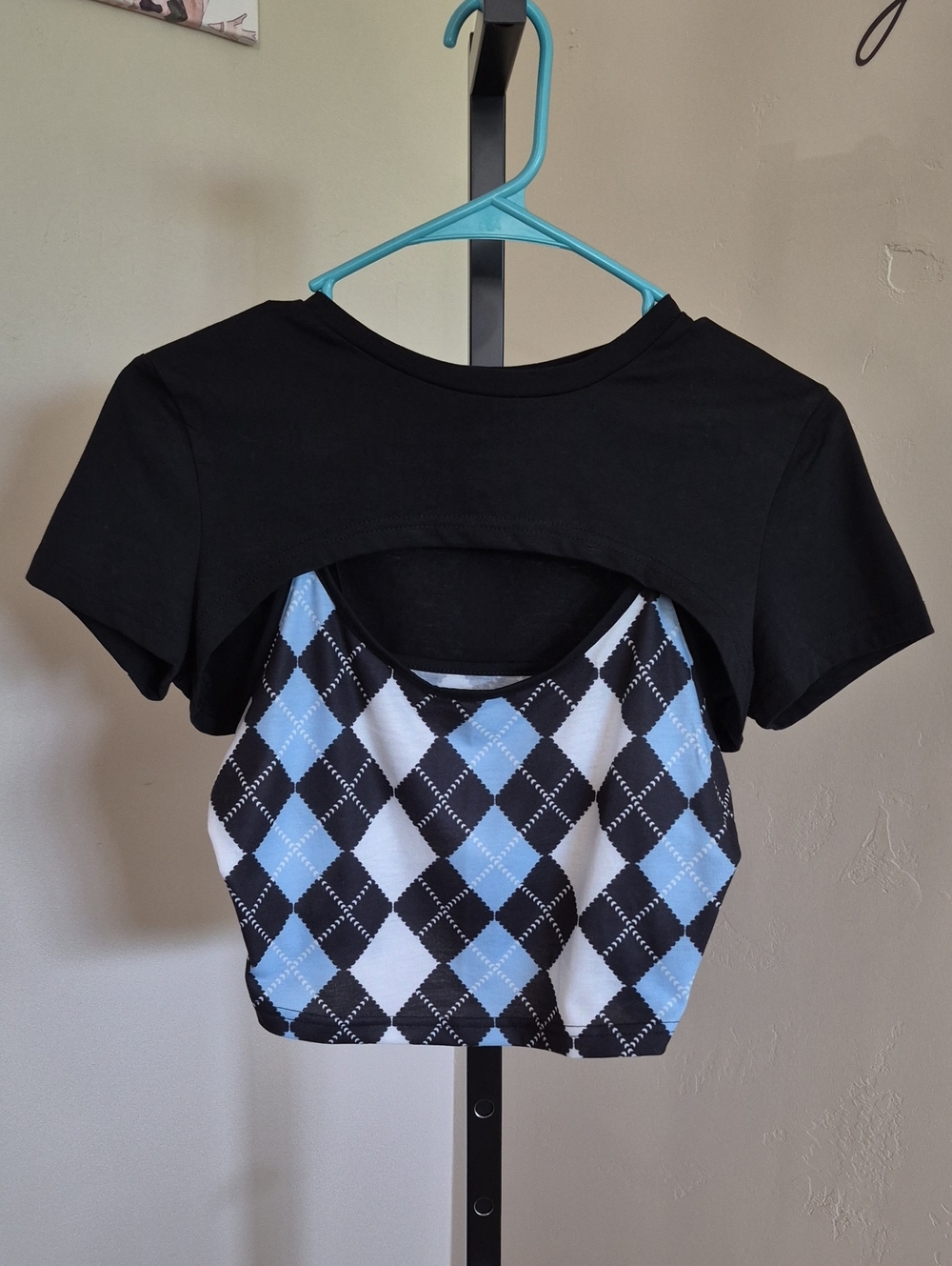 Women’s Argyle Camisole Tank Top with Shrug - Black & Light Blue Size M